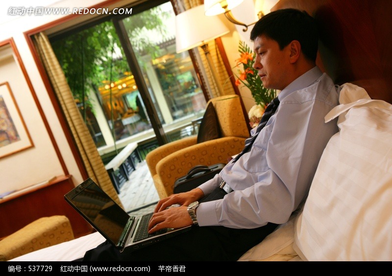 倚着床玩电脑的商务男士图片-人物图片素材|图