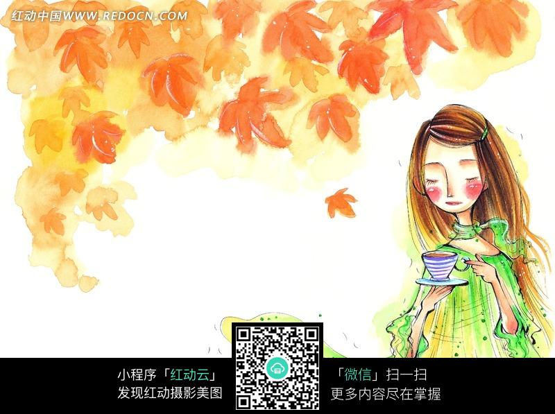 黄色枫叶下喝咖啡的女孩图片(编号:607233)_人