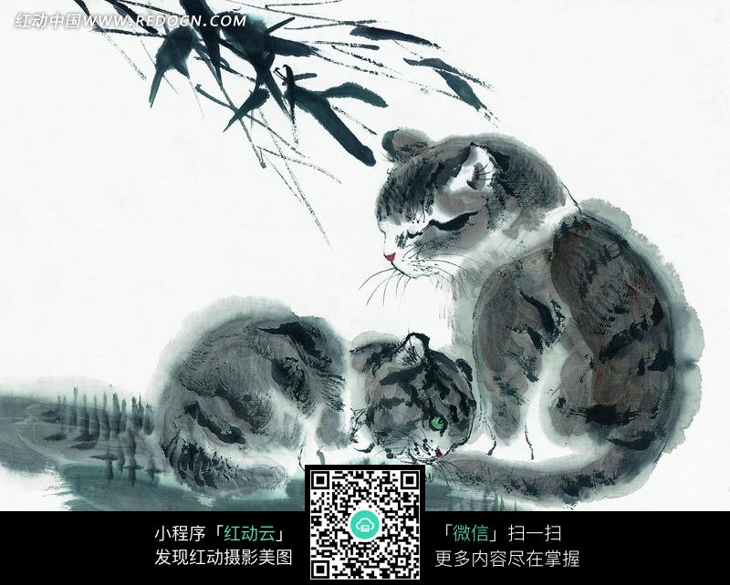 中国写意动物-两只正在戏耍的猫图片(编号:628