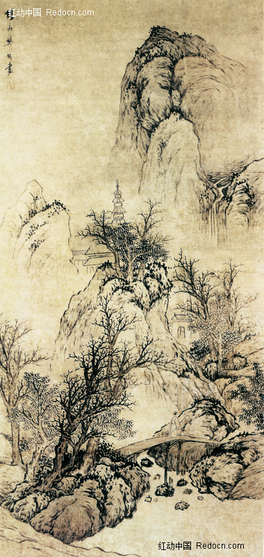 秋山萧寺风景画图片-传统书画|吉祥图案|艺术图
