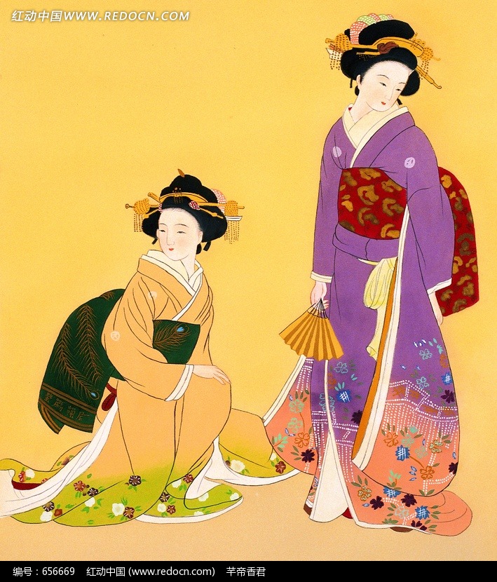 一站一坐两个穿和服的盛装的女子图片(编号:6