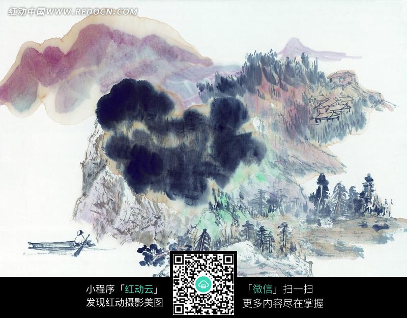 水墨画-美丽的高山下泛舟的古人图片(编号:1096077