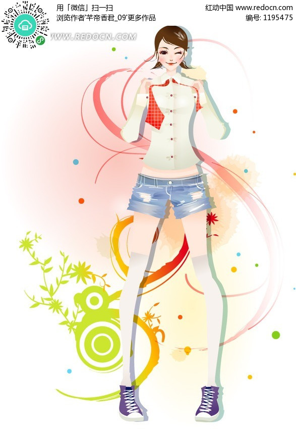 <em>牛仔短裤</em>米黄色小衫服装扮的时尚女孩矢量图(