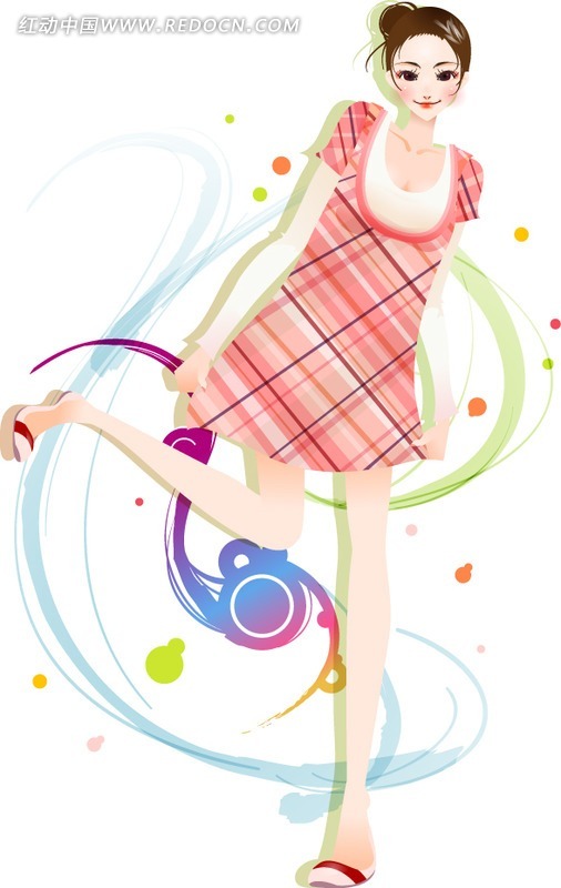 红色格子套裙装扮的时尚女孩矢量图(编号:119