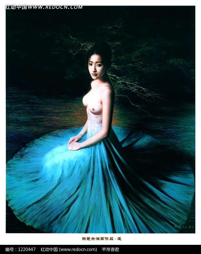 油画裸露<em>上身</em>穿蓝裙的<em>美女图片</em>(编号:1220447