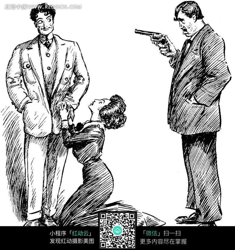拿着枪的男人和跪地求饶的女人插画设计图片