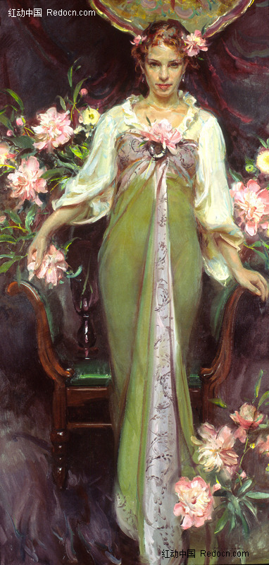 油画 装饰着鲜花的椅子前的西方女子图片 编号 1365877 书高清图片