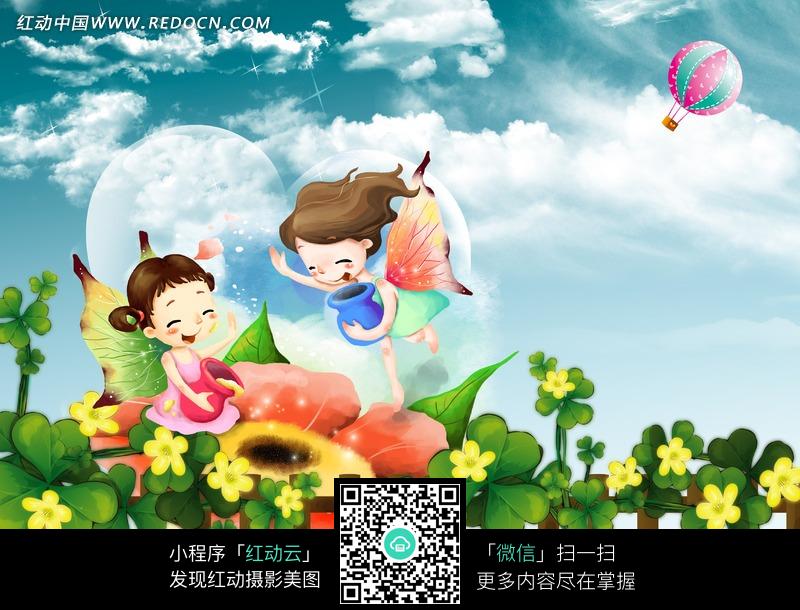 抱着<em>罐子</em>长翅膀的<em>小女孩</em>插画图片-传统书画|吉