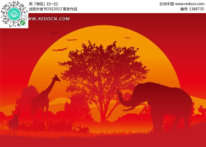 夕阳下草原上的动物卡通画设计图片