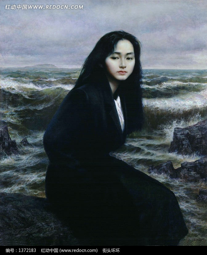 大海背景前的黑衣女子画像图片(编号:1372183