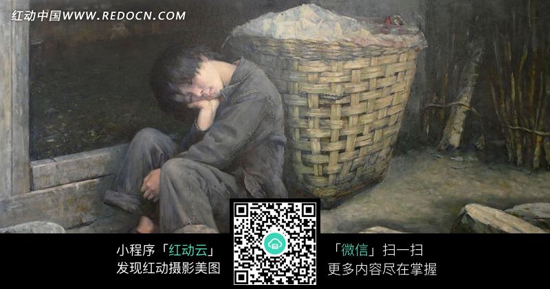 靠在编筐旁的小朋友画像图片-传统书画|吉祥图