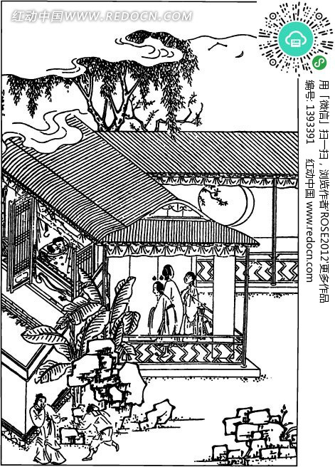 古代人物白描图-房屋下人物和芭蕉树-书画矢量