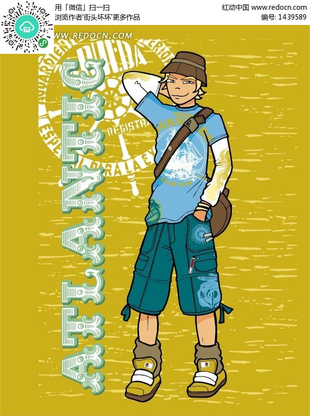 挎着包的戴帽子的男孩和英文矢量图(编号:143