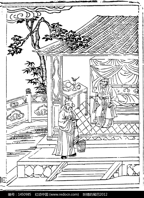 中国古代人物插画-树下的房屋和人物-书画矢量