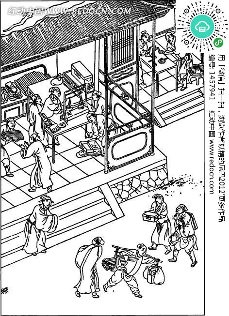 中国古代人物插画-房屋下的许多人物-书画矢量