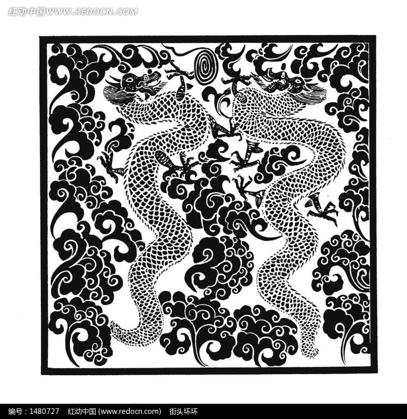 中国古典图案-龙纹和云纹构成的精美的方形图案矢量图片