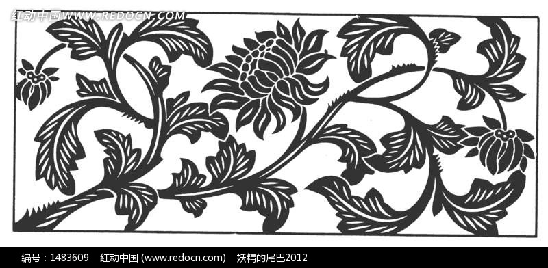 手绘长方形的菊花和叶子图案设计图片
