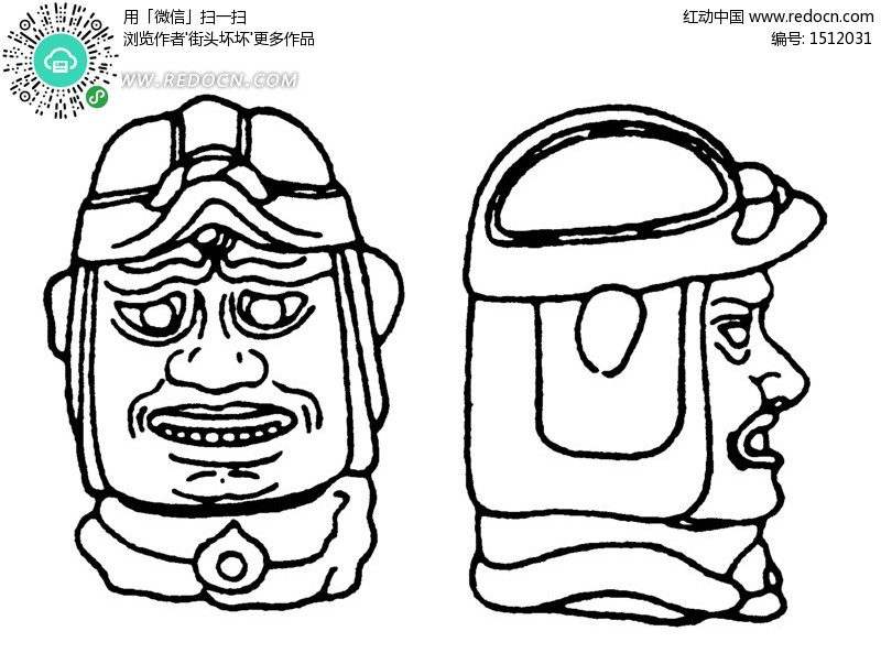 中国古代雕刻-戴头盔的男子头像的正面和侧面矢量图图片