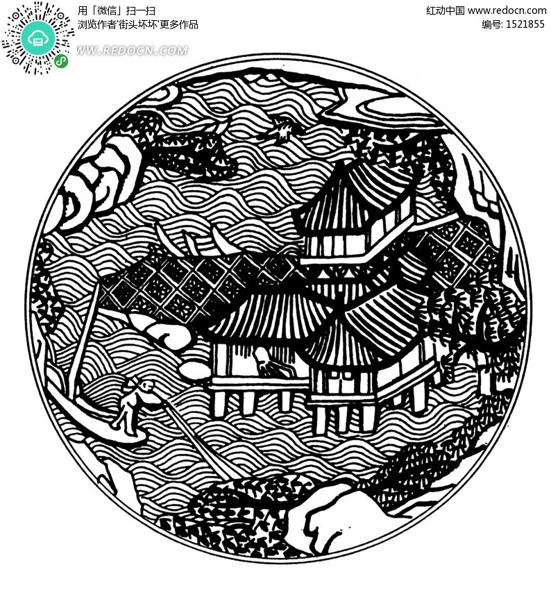 水中的房屋和撑船的古代人线描图-传统图案|纹