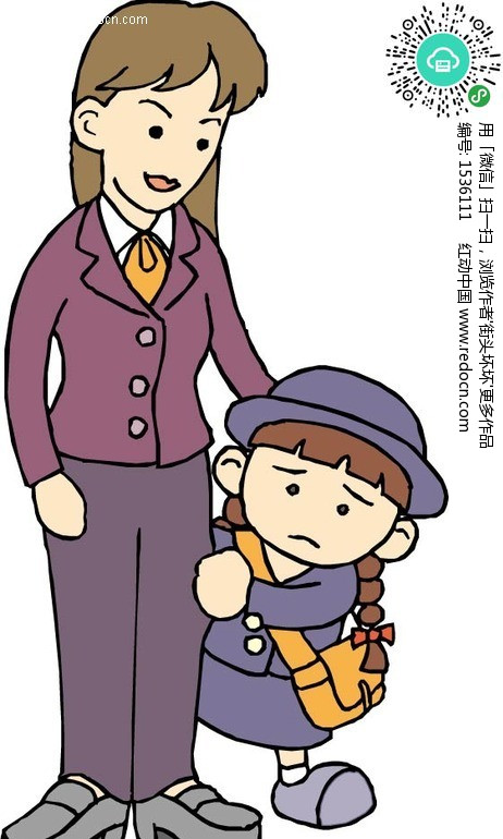 免费素材 矢量素材 矢量人物 卡通形象 妈妈和背书包的小女孩