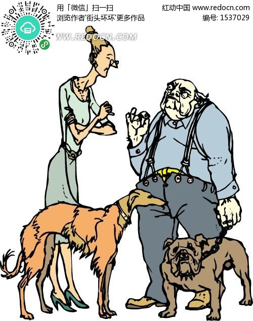 牵着狗的男子和女士-传统图案|纹样矢量图下载