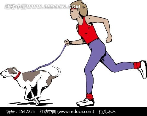 牵着小狗的卡通人物-美女矢量图|女人矢量图|女