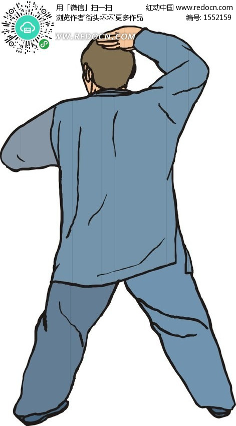 手绘穿蓝色衣服练武的男人背部-生活百科 矢量