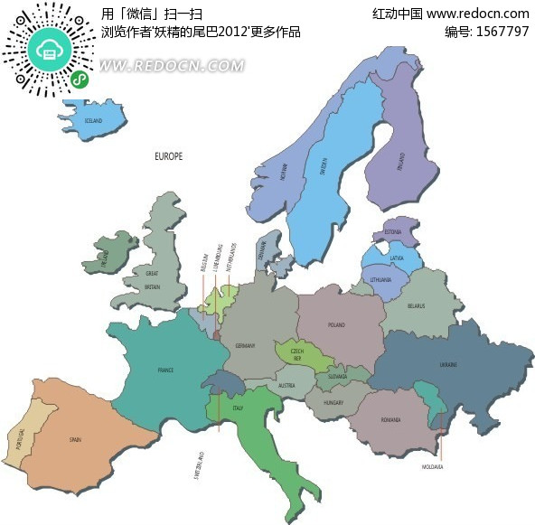 手绘五颜六色的欧洲地图设计图片