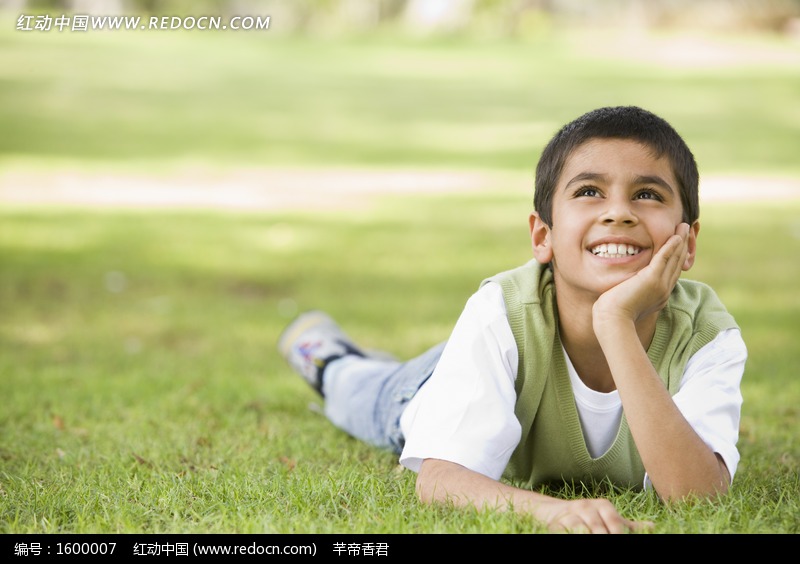 趴在草地上的外国小男孩素材图片(编号:16000