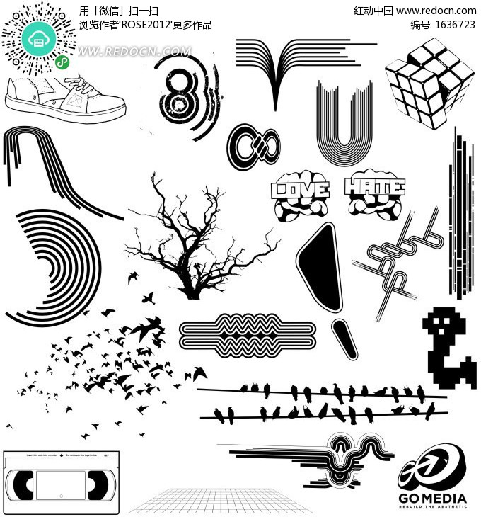 黑白手绘图案集合-矢量花纹|矢量花边素材下载(编号:)