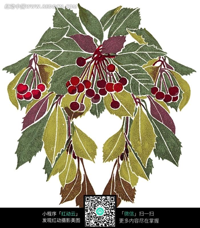 手绘对称的<em>彩色</em>叶子和<em>红色</em>果子图片-花纹|花边