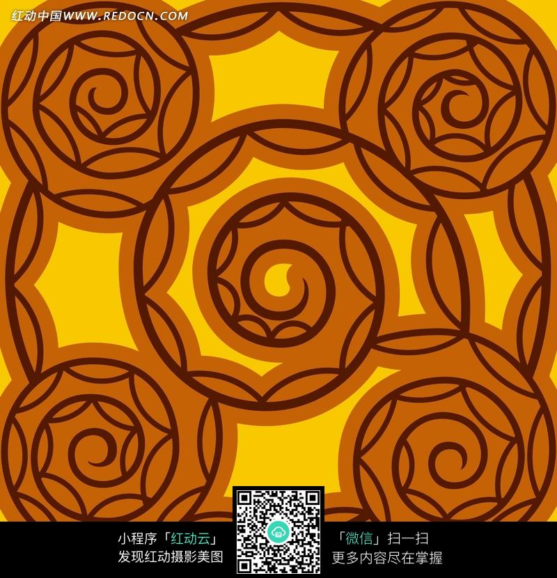 黄底咖色螺旋线条花朵图案设计图片