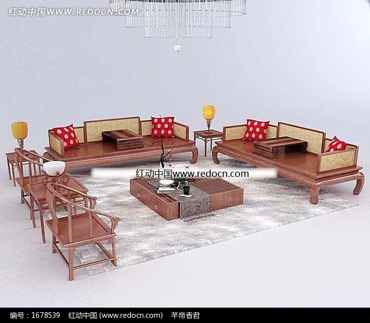 中式风格木质长椅和靠椅茶几模型-3D模型下载