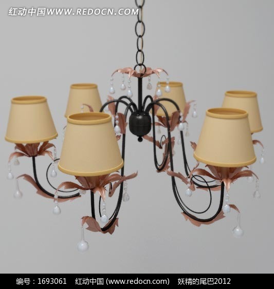 欧式简约六头带帽铁艺花式吊灯3dmax模型-3D