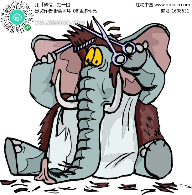 卡通画坐在地上剪<em>头发</em>的长毛象矢量图(编号:1