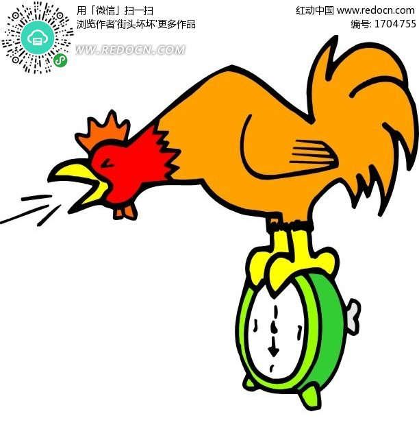 手绘站在闹钟上打鸣的公鸡-陆地动物矢量图下