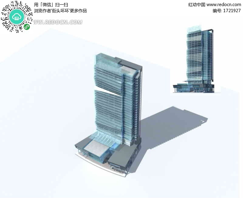 现代风格独栋高层带裙楼商业大厦3D模型设计